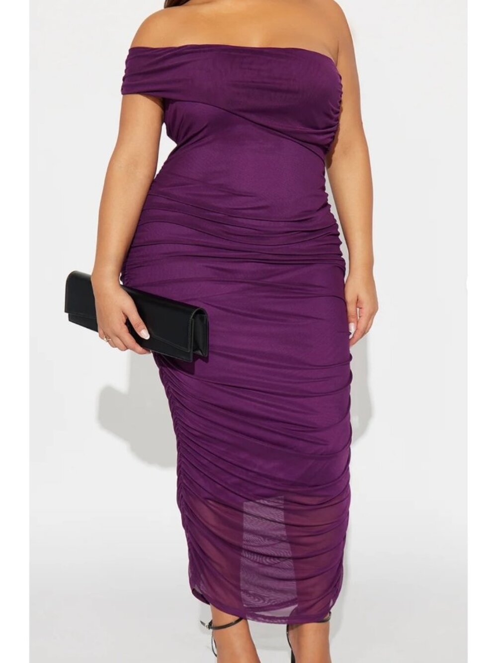 Fashion Nova Real Legacy Mesh Midi Dress Womens 3X Plum Off Shoulder Ruched - Picture 3 of 12